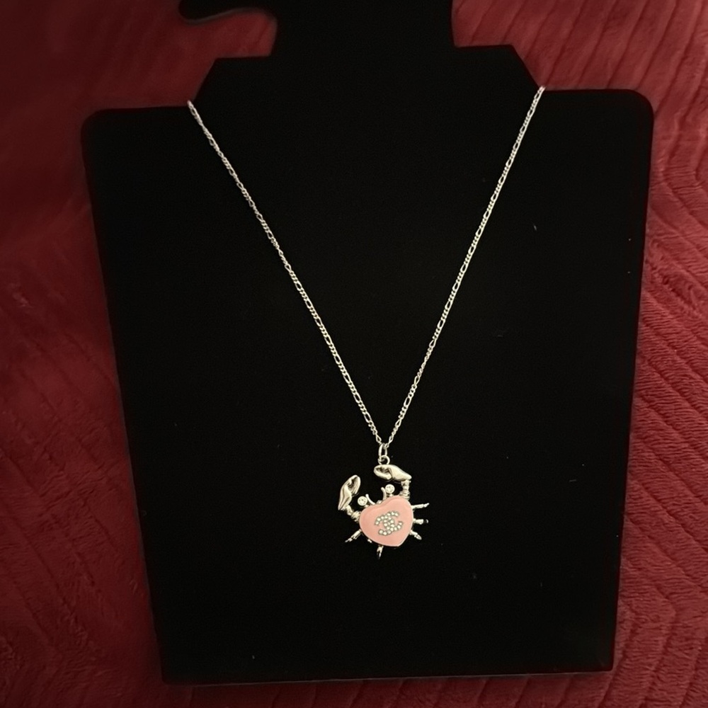 CC Pink and Silver Crab Pendant with Sterling Silver Chain Necklace